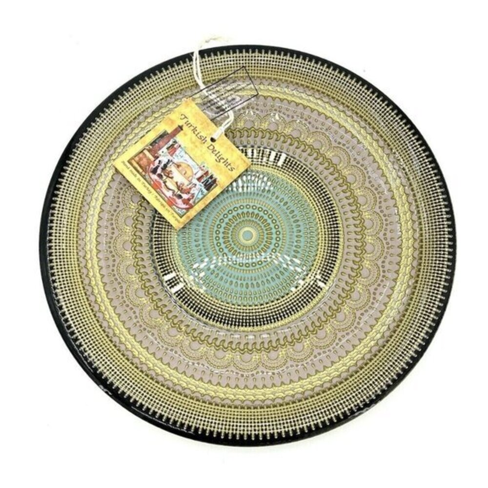 TURKISH GLASS 8.5" Salad Plates Hand Painted Oriental Pattern Set of 6 NWT Pink
